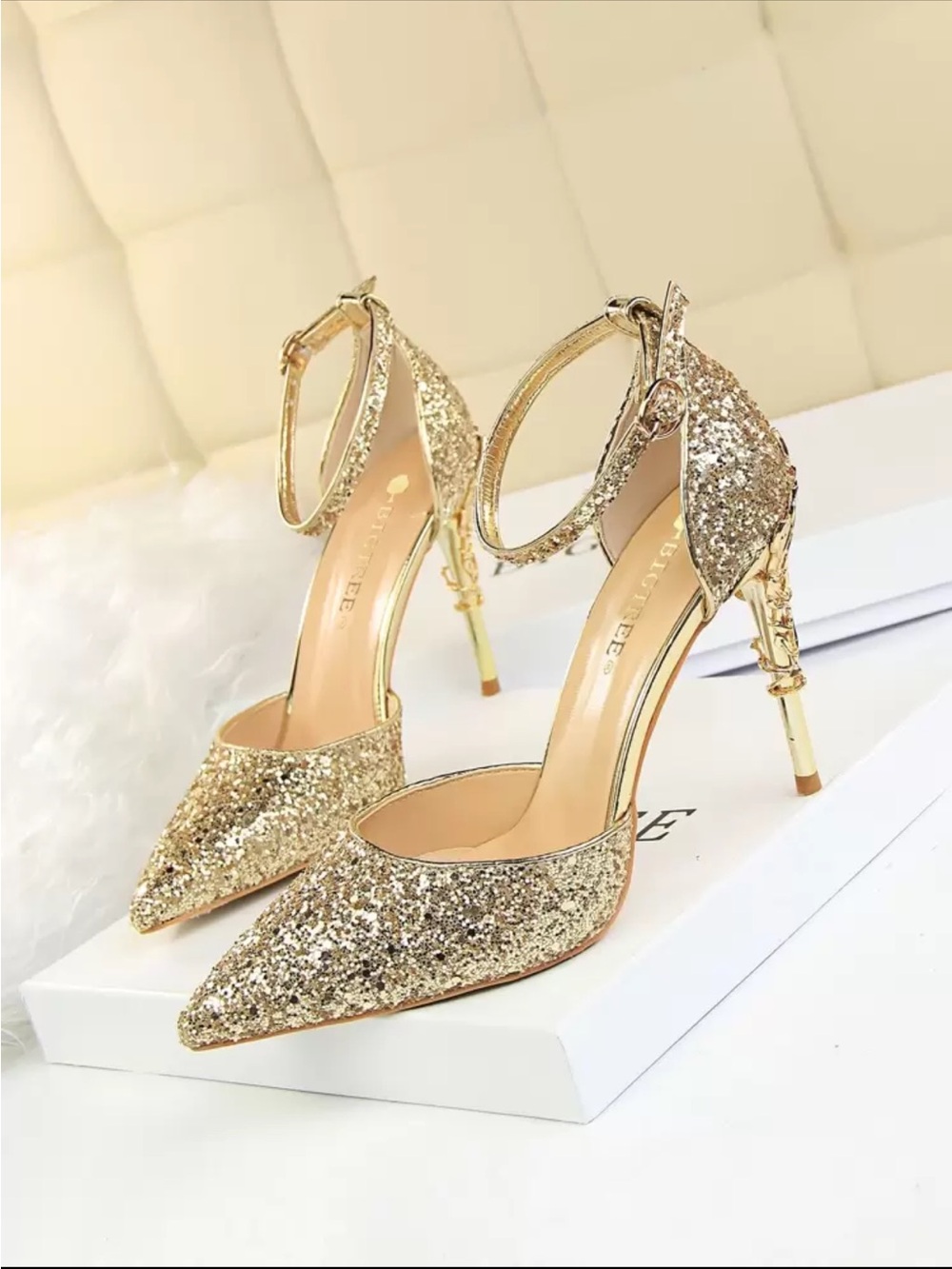 Gold Glitter Pointed Toe Ankle Strap Heels for Women